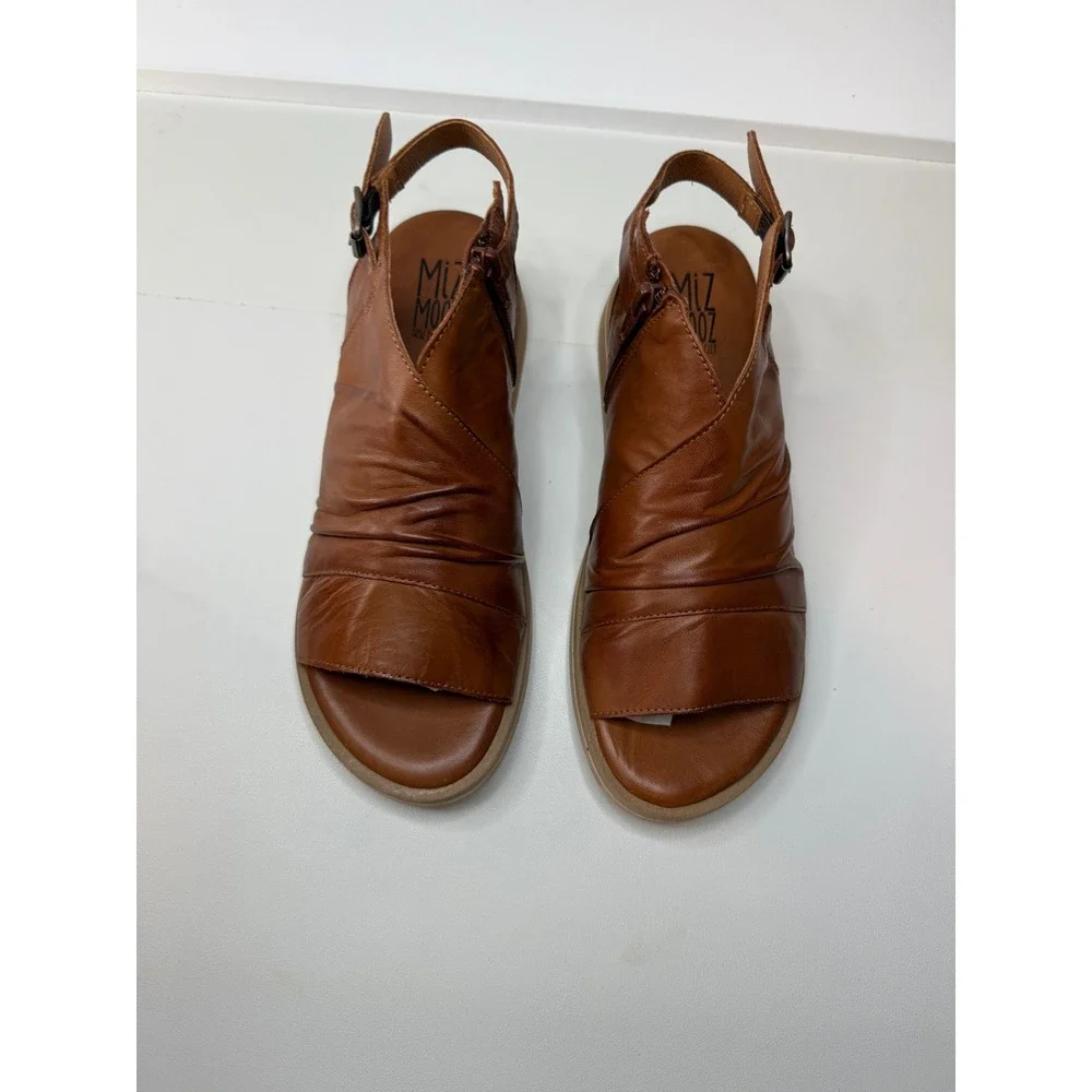 Miz Mooz Conor Brandy Leather Ruched Wedge Sandals Side Zip Euro 38 US 7.5 New